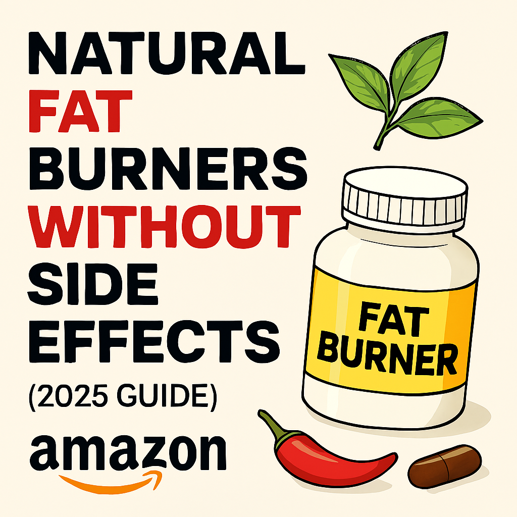 Illustration of natural fat burner ingredients including green tea leaves, chili pepper, and supplement bottle labeled Fat Burner