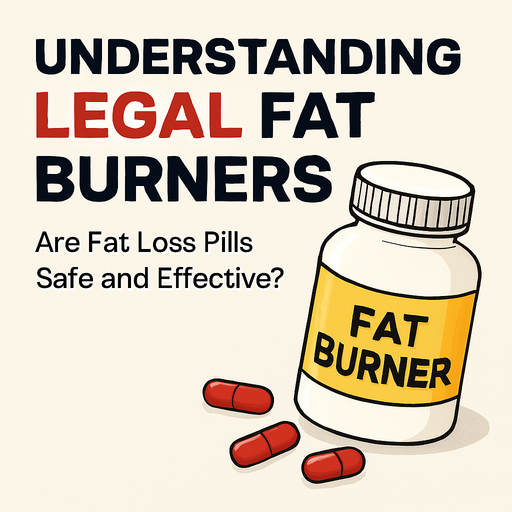 Illustration of a fat burner supplement bottle with red capsules and bold headline text: Understanding Legal Fat Burners