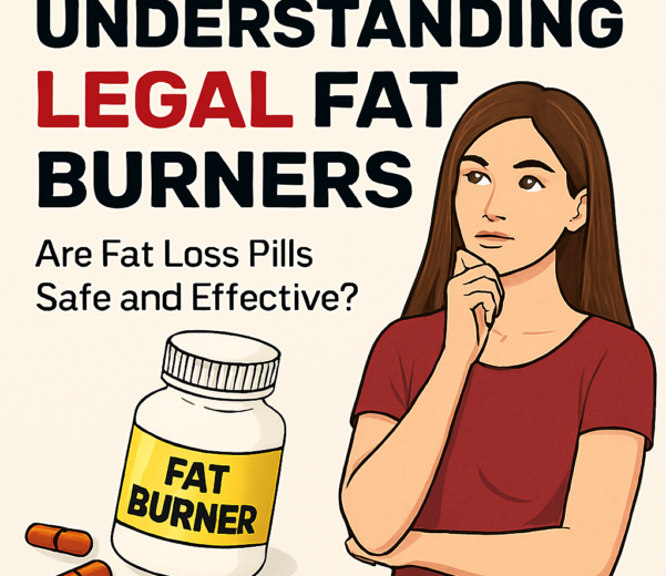 Fit male and female models standing beside legal fat burner supplement bottles with bold headline text